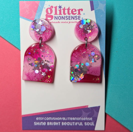Pink and berry silver glitter arch earrings