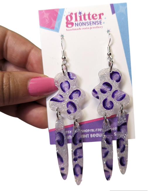 hand painted leopard print purple glitter earrings