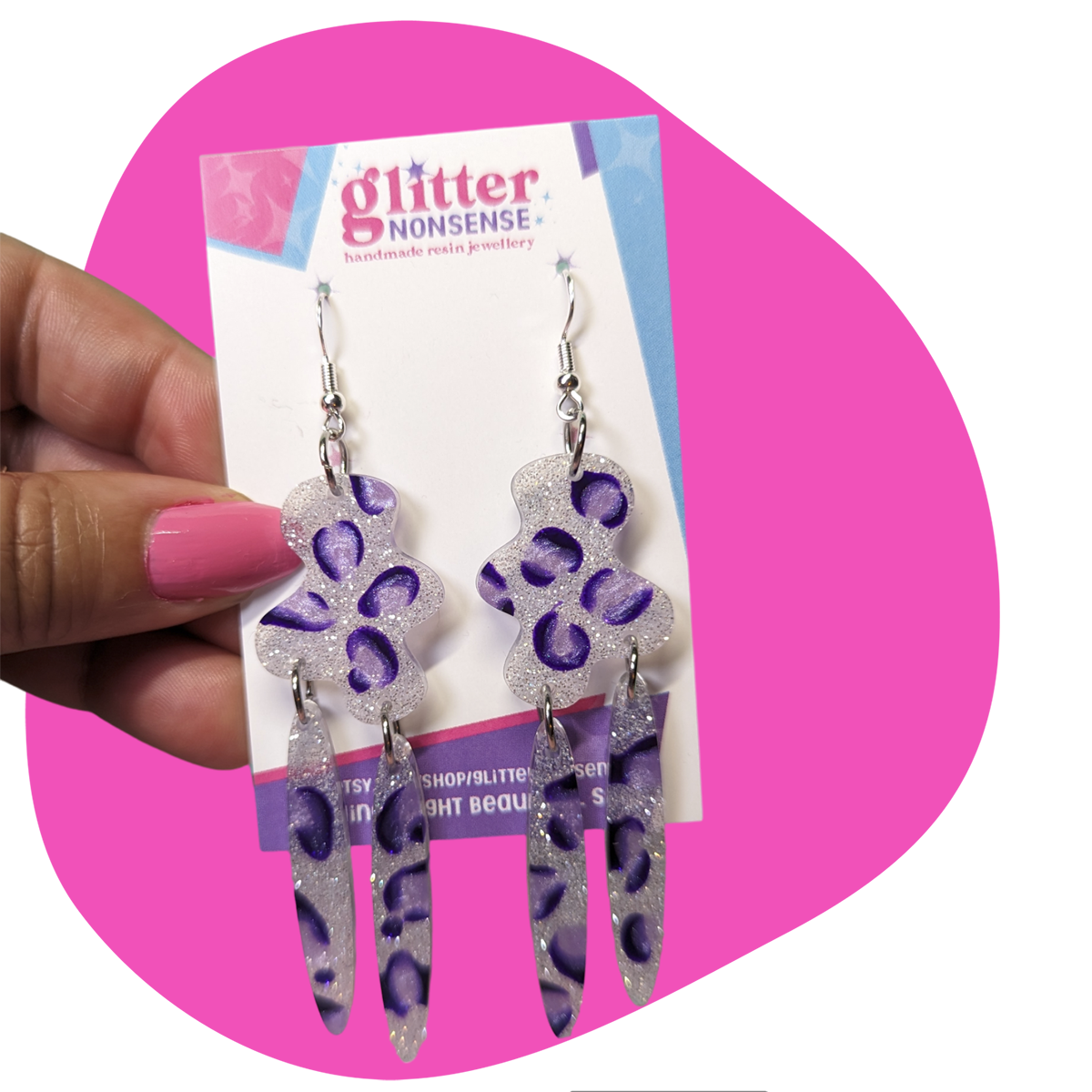 hand painted leopard print purple glitter earrings
