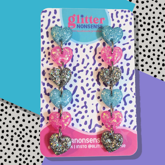 Cute multi drop heart pink and blue silver earrings