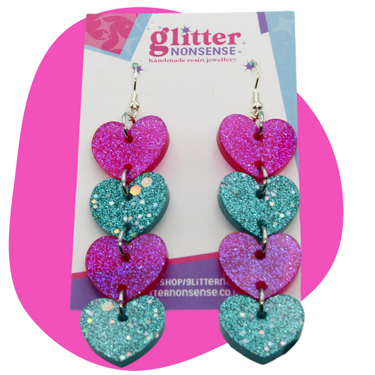 Pink and teal heart sterling silver drop earrings