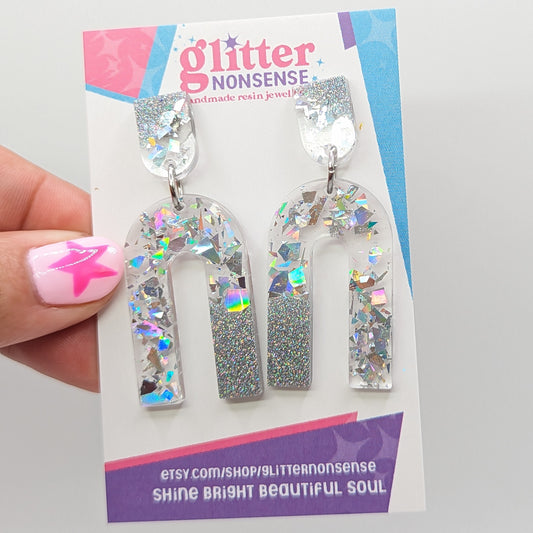 Silver glitter U shaped statement earrings