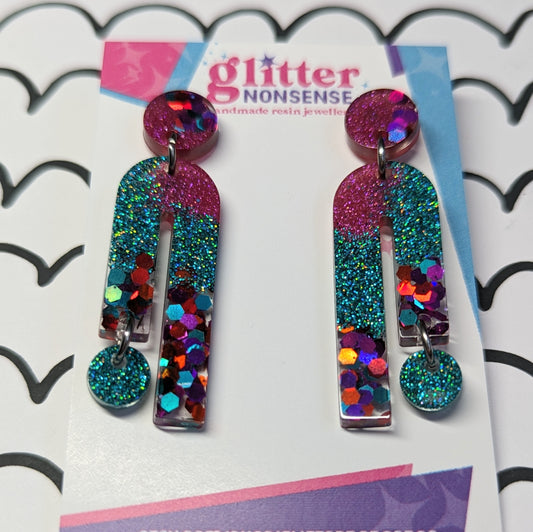 Berry, teal and chunky glitter statement earrings