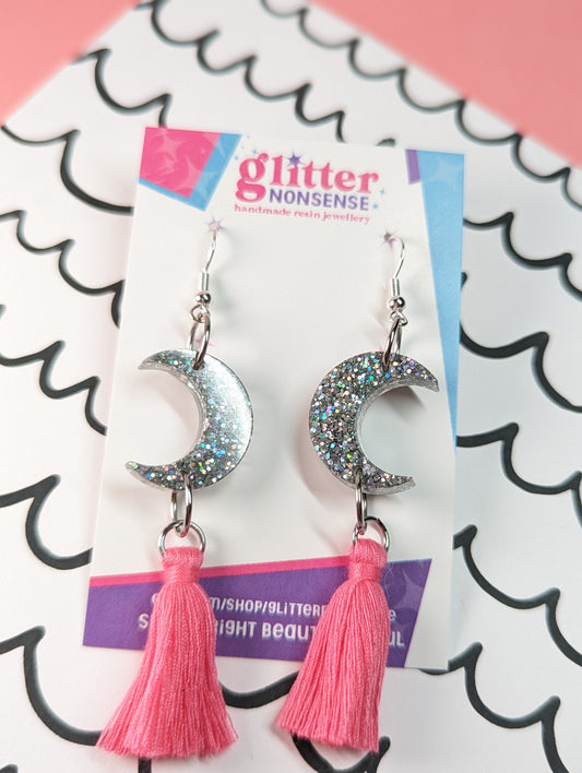 silver glitter moon earrings with pink tassels