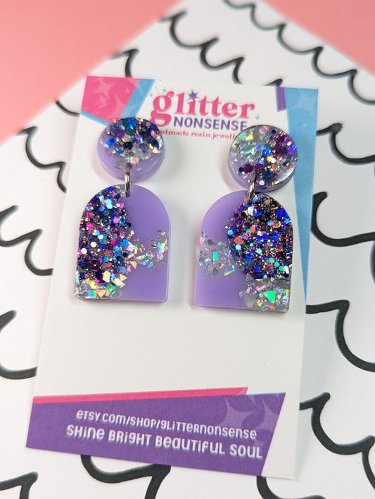 Purple glitter handmade arch 80s earrings