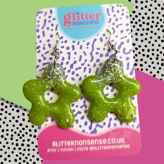Lime green and silver flower handmade statement earrings