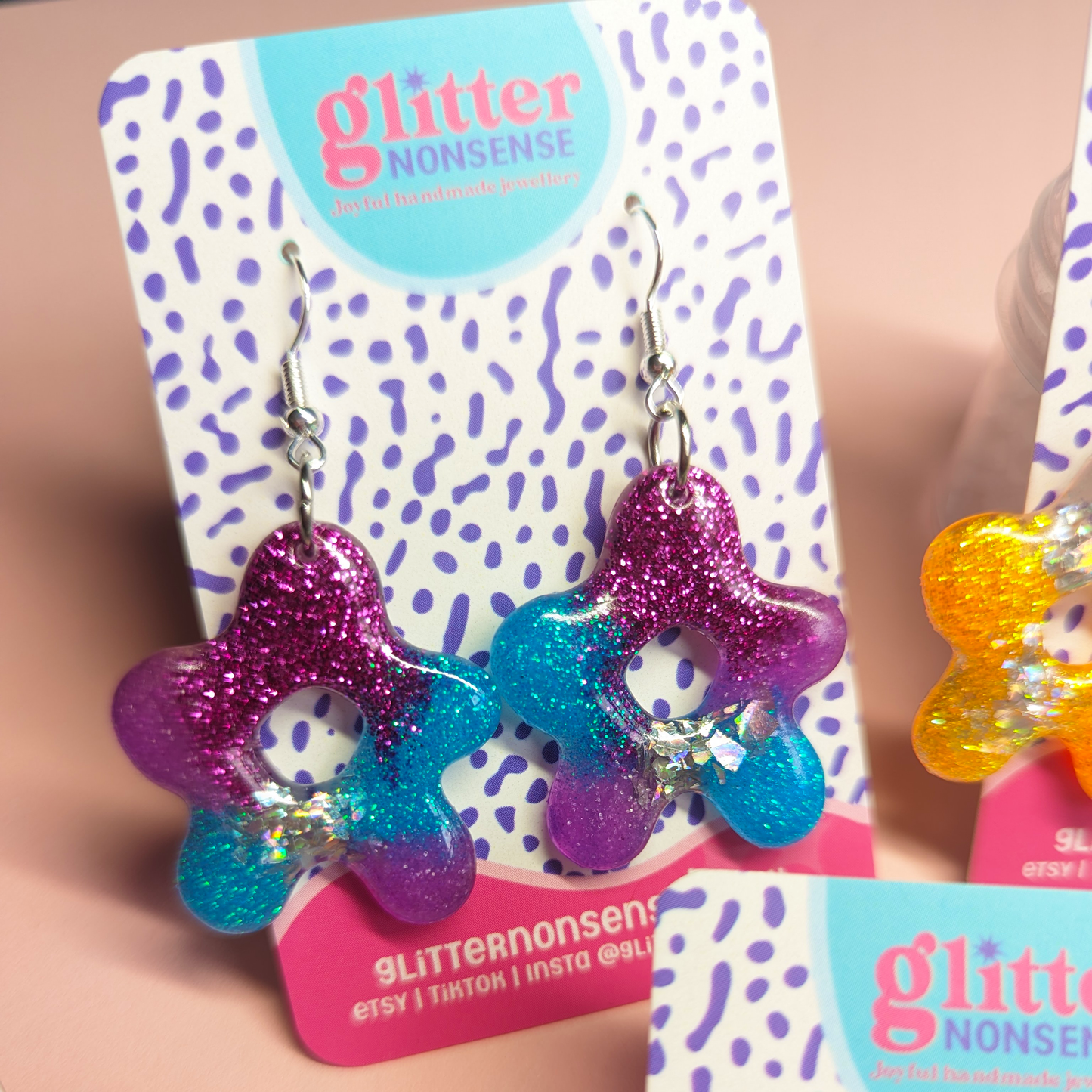 Festival rave flower glitter earrings sterling silver