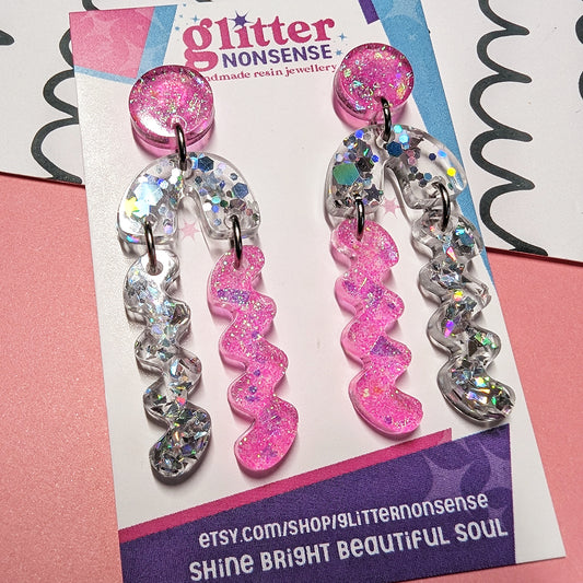 Pink and silver glitter jellyfish squiggle earrings