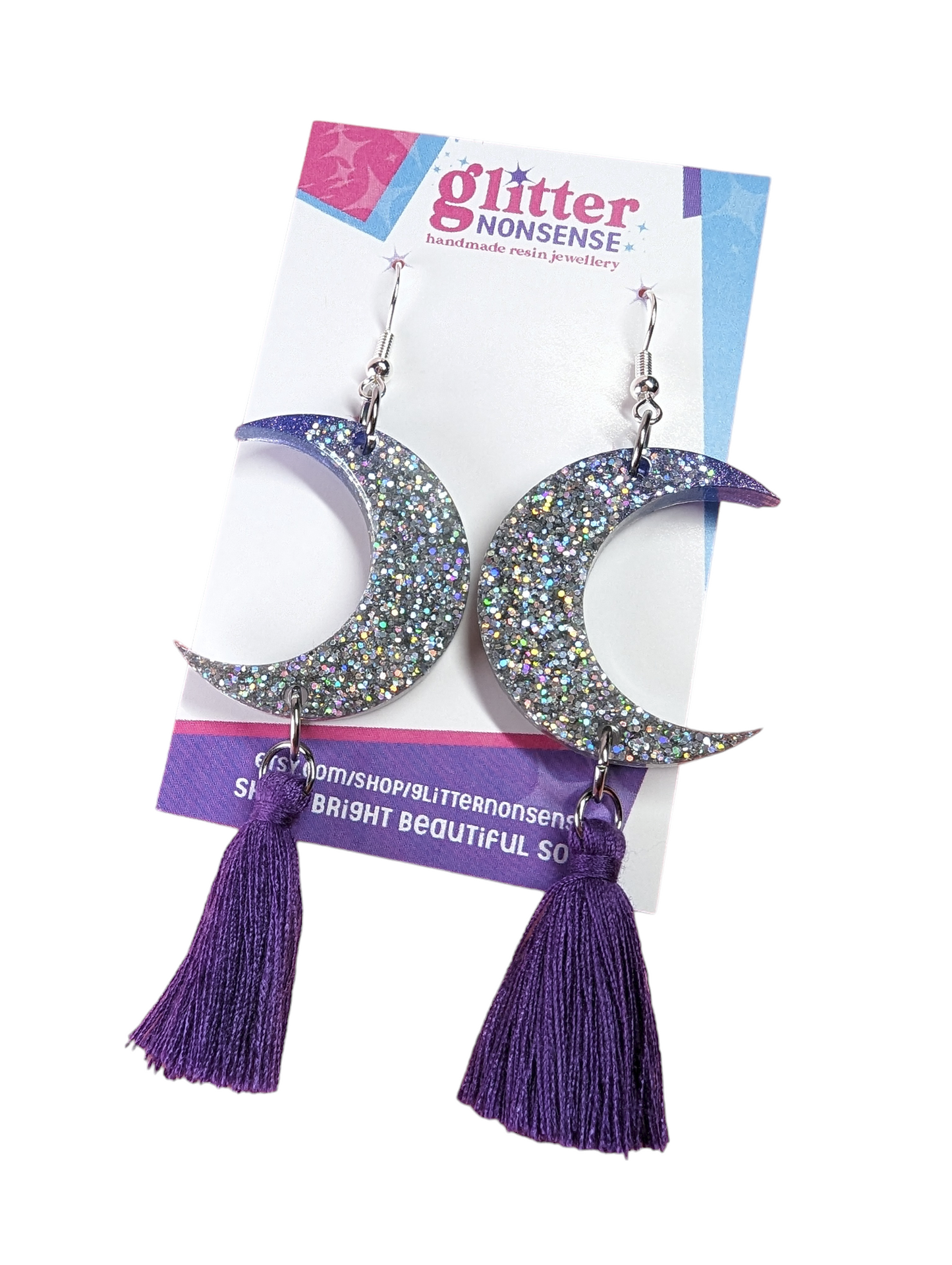 Celestial Crescent Moon Tassel Glitter Statement Earrings