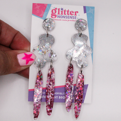 Jelly splat pink silver glitter statement earrings