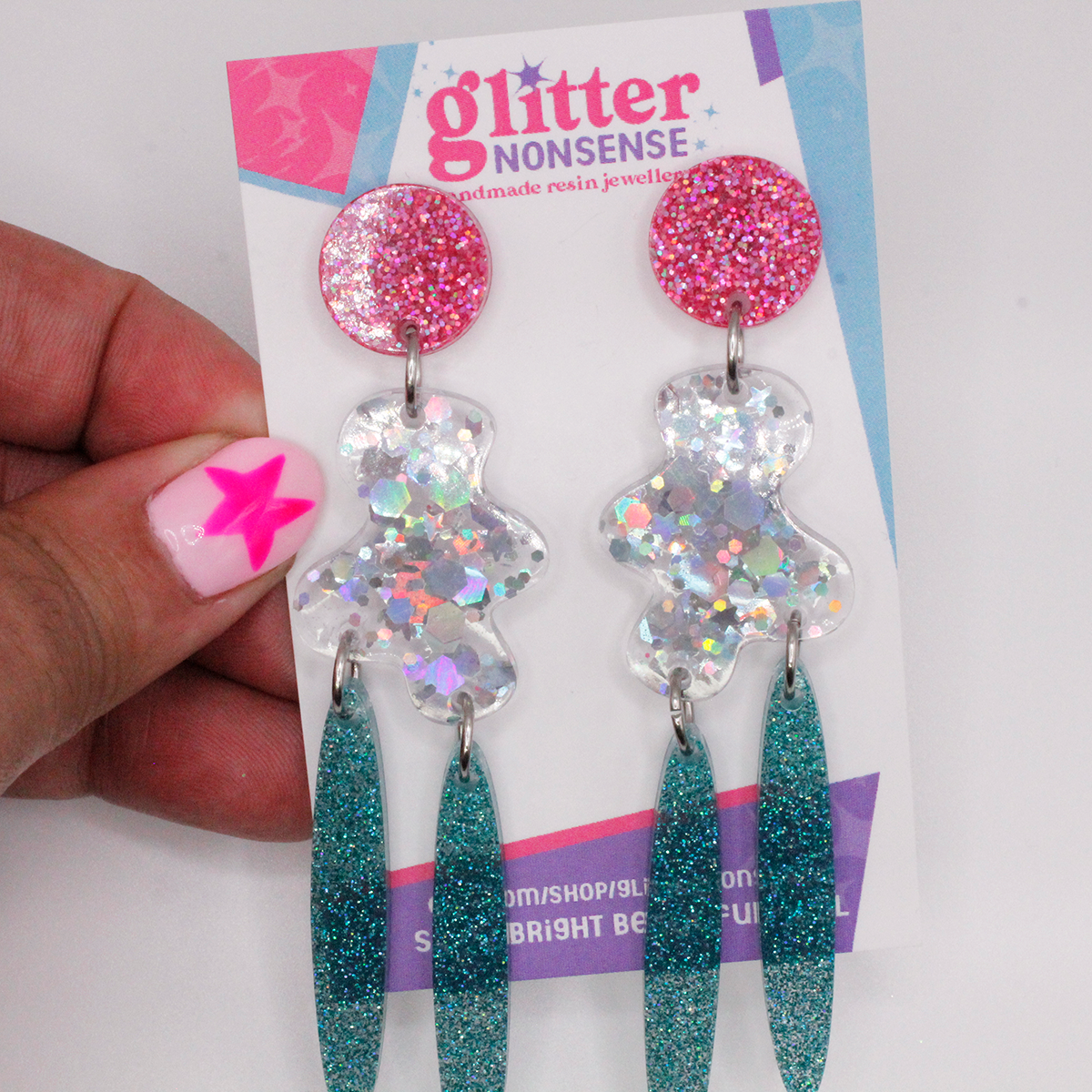 Pink, silver and teal glitter splat handmade earrings