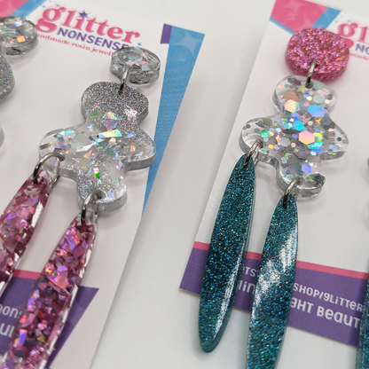 Close up glitter nonsense statement earrings